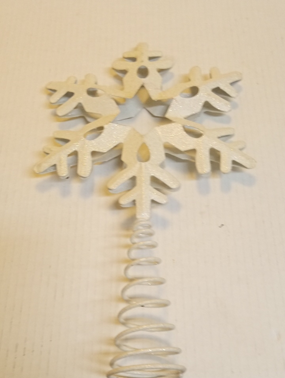 Snowflake Christmas tree topper white glitter metal with a spring base 13" Tall